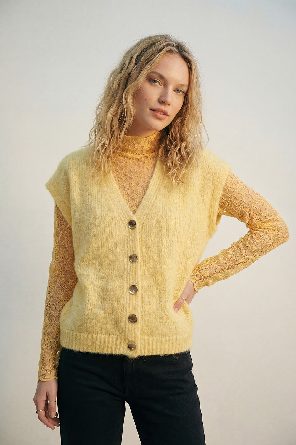 Yellow Sleeveless Cardigan with Lace Insert and Silver Buttons - cardigan