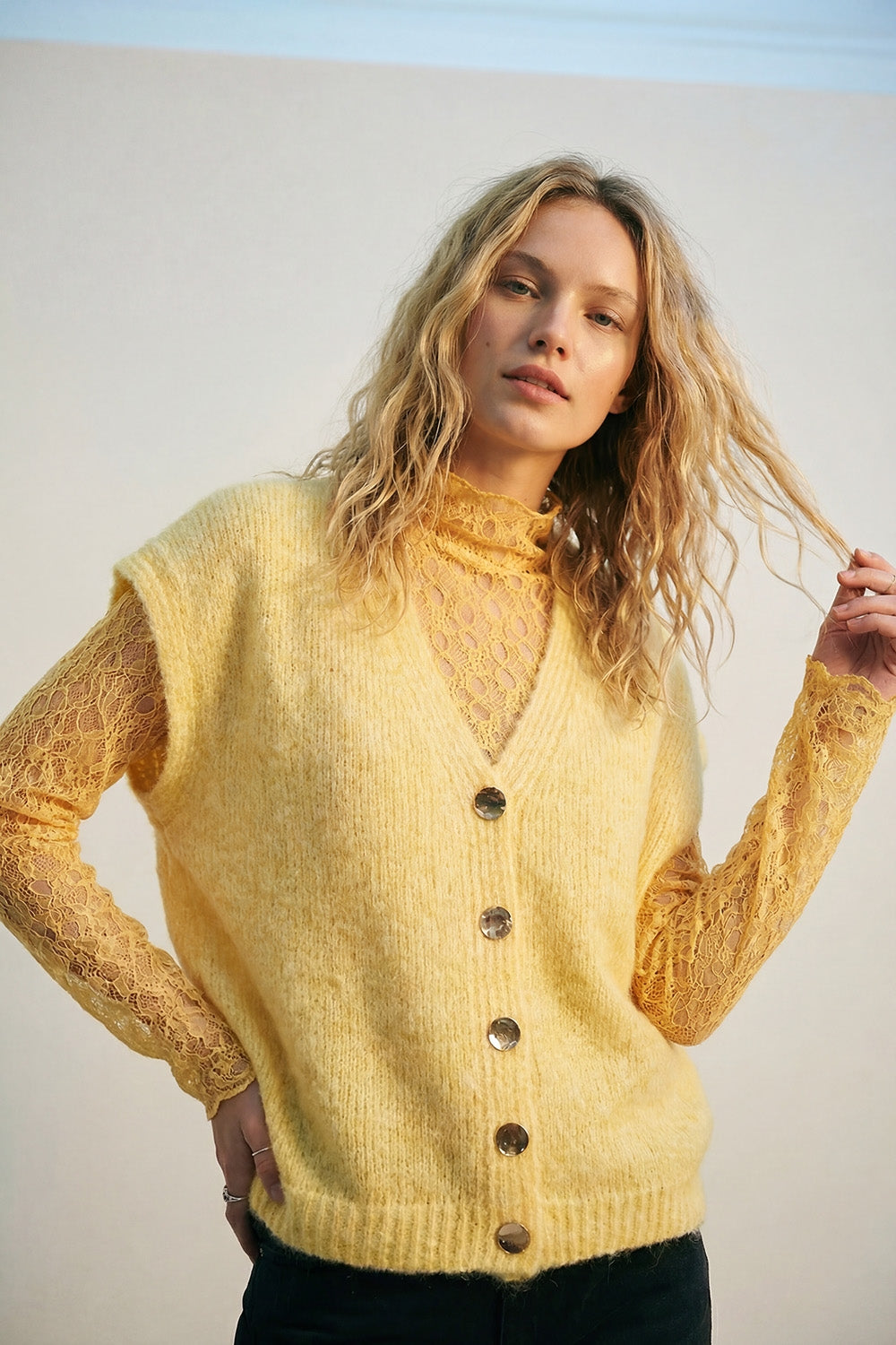 Yellow Sleeveless Cardigan with Lace Insert and Silver Buttons - cardigan
