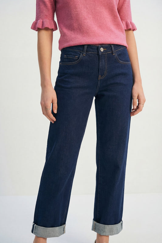 Dark Wash Wide-Leg Denim Jeans with Cuffed Hem - Denim