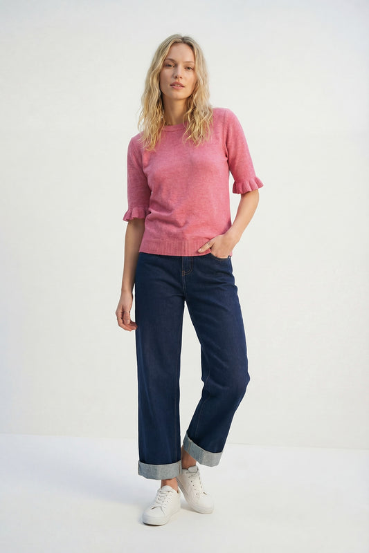Dark Wash Wide-Leg Denim Jeans with Cuffed Hem - Denim
