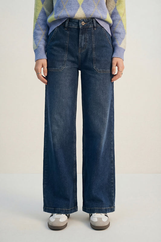 Wide-Leg Denim Jeans with Utility Patch Pockets - Denim