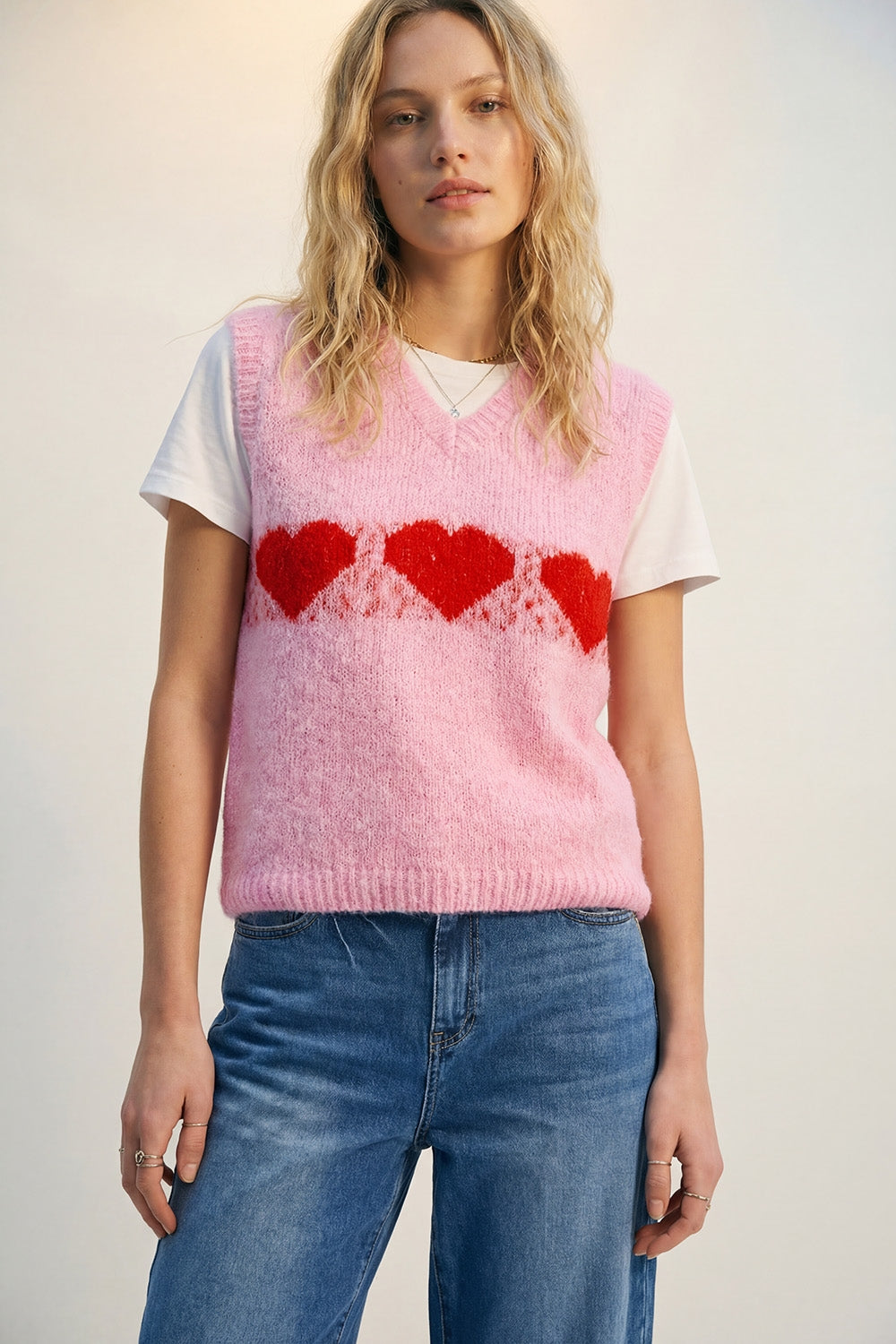 Relaxed-Fit Fluffy pink Knit Vest with Heart Motif
