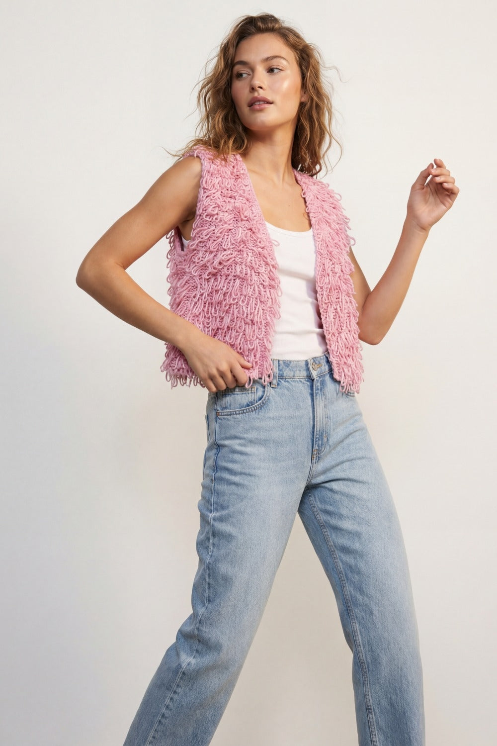 Loop Knit Vest with Textured Fringe Effectm in pink
