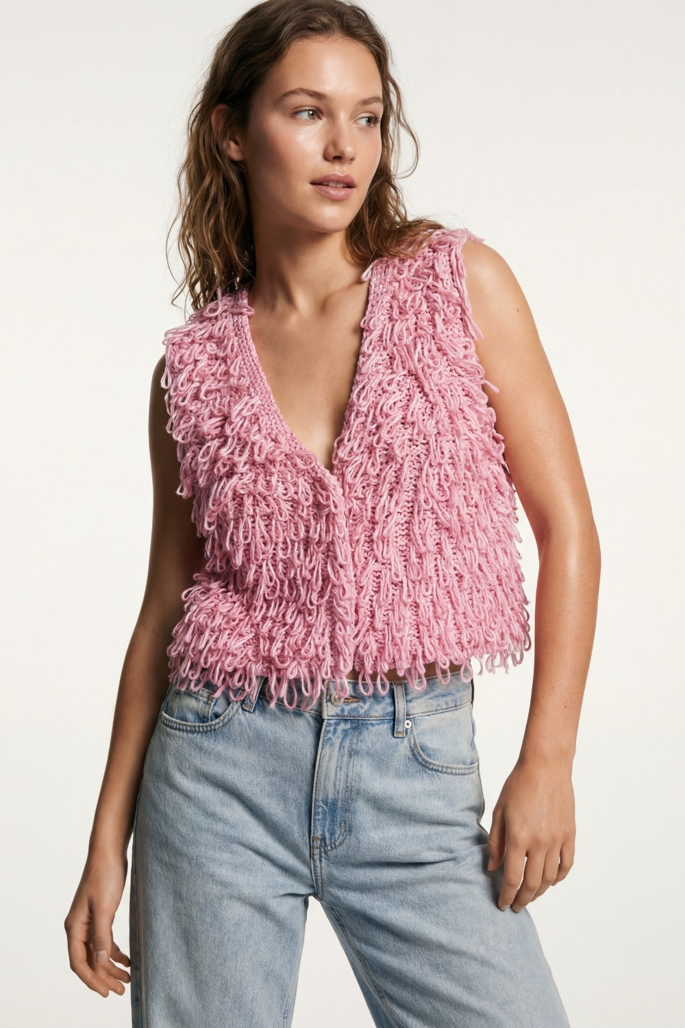 Loop Knit Vest with Textured Fringe Effectm in pink
