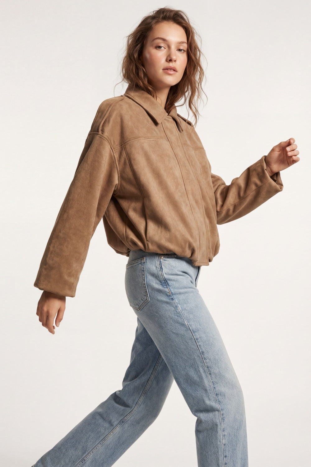 Suede-Effect Cropped Bomber Jacket