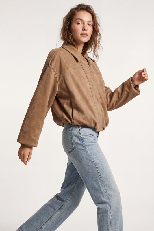 Suede-Effect Cropped Bomber Jacket