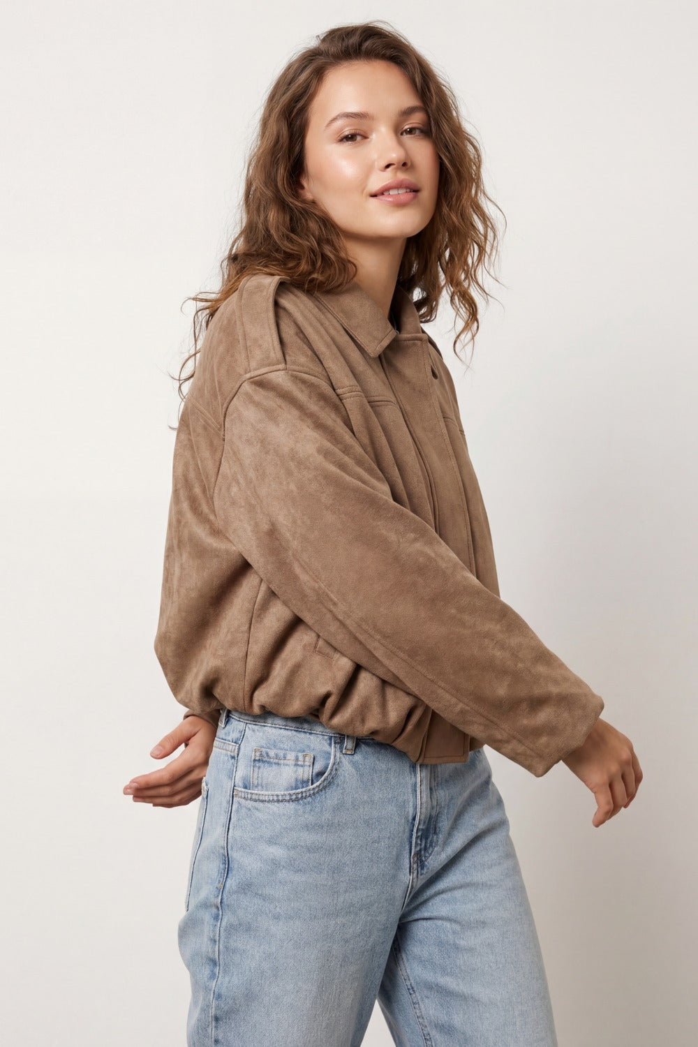 Suede-Effect Cropped Bomber Jacket