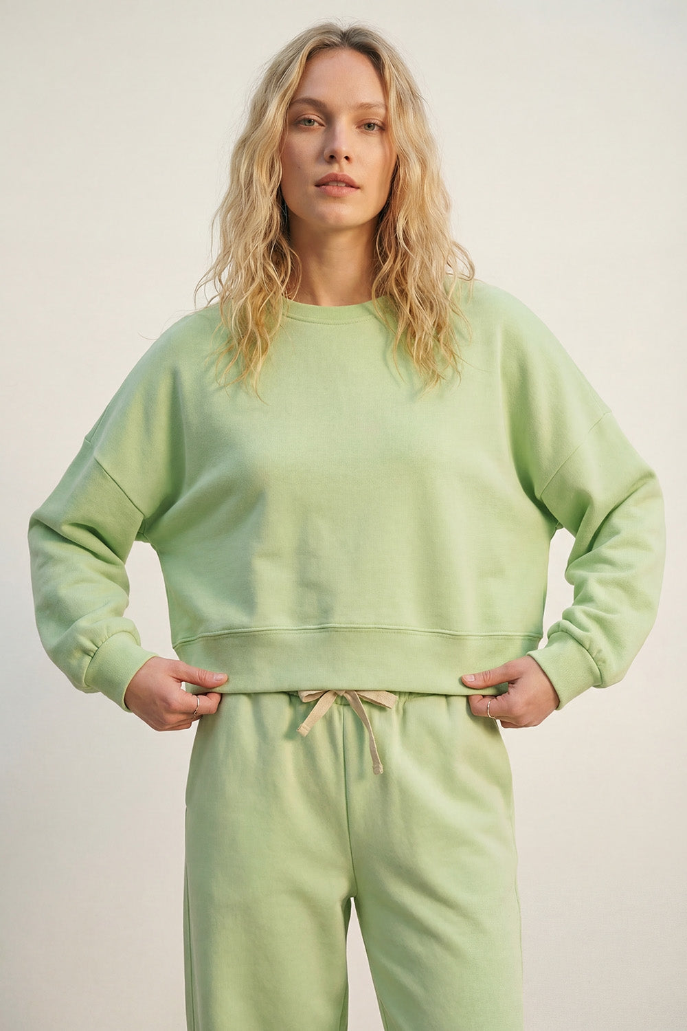 Crew Neck Dropped Shoulder Basic Sweatshirt in green
