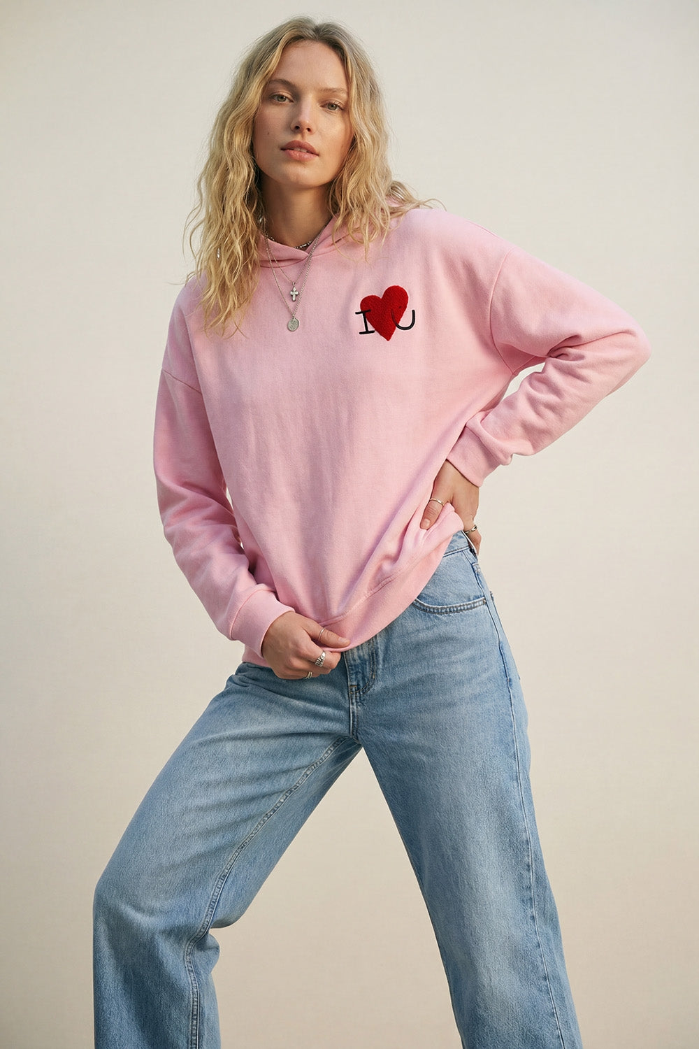 Baby pink Super-Soft Hoodie with Bouclé Heart Graphic