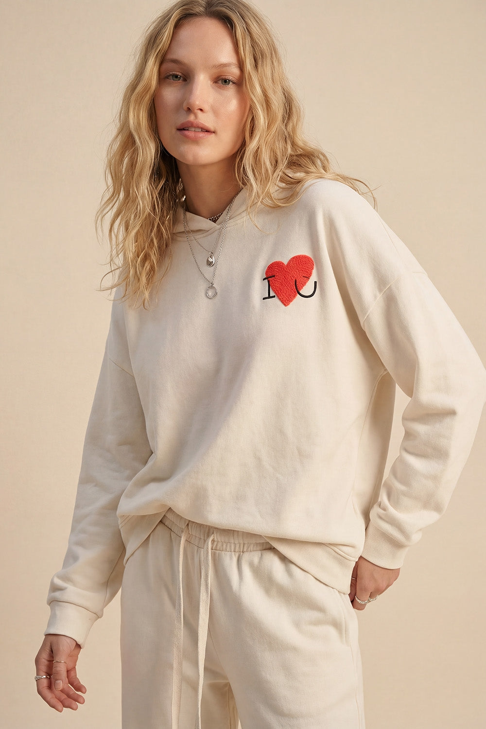 Cream Super-Soft Hoodie with Bouclé Heart Graphic