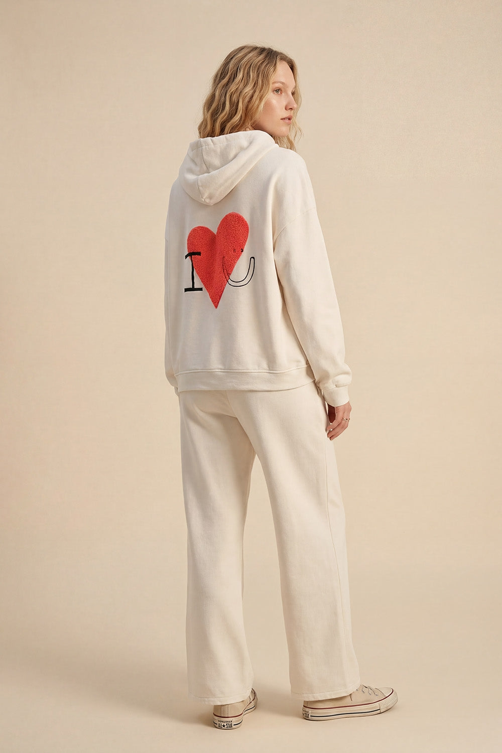 Cream Super-Soft Hoodie with Bouclé Heart Graphic