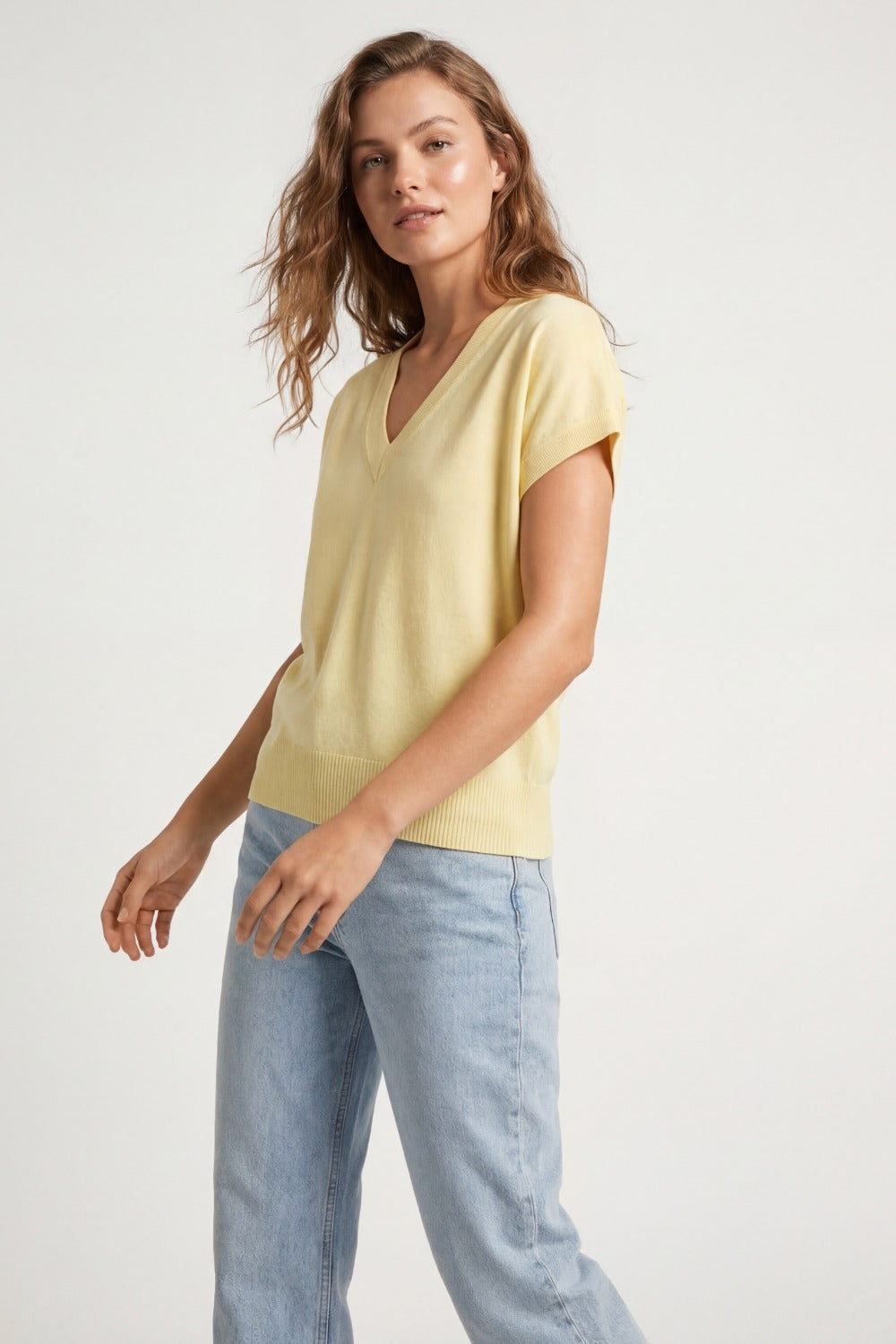 Fine Lightweight Knit Sweater with Wide V-Neck in Yellow