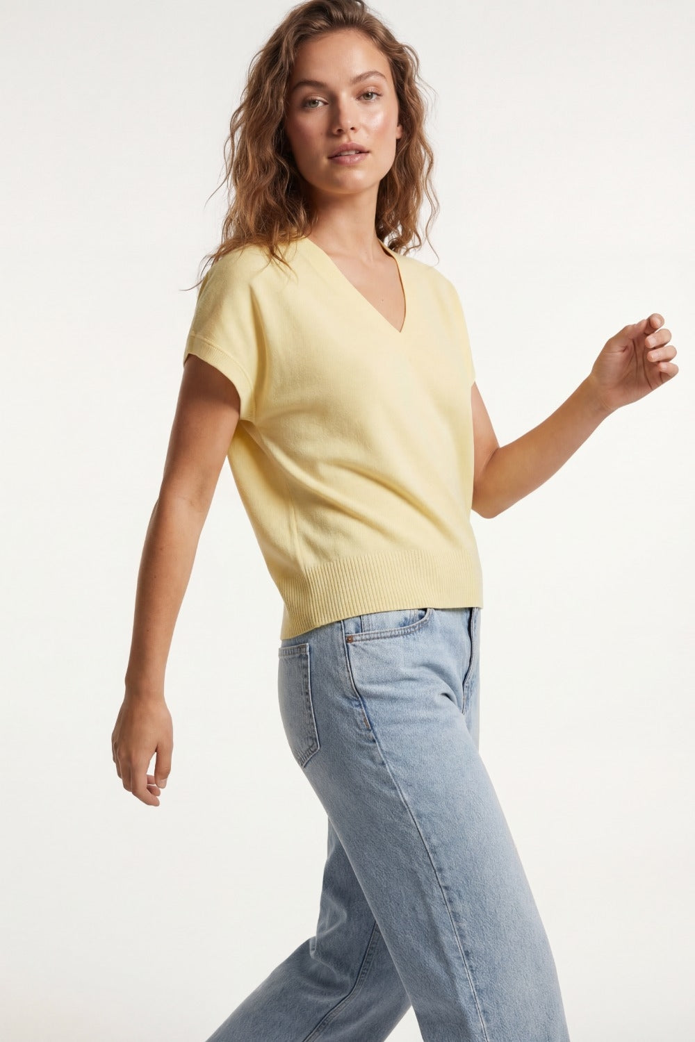 Fine Lightweight Knit Sweater with Wide V-Neck in Yellow