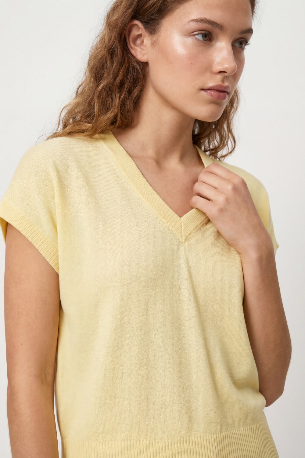 Fine Lightweight Knit Sweater with Wide V-Neck in Yellow