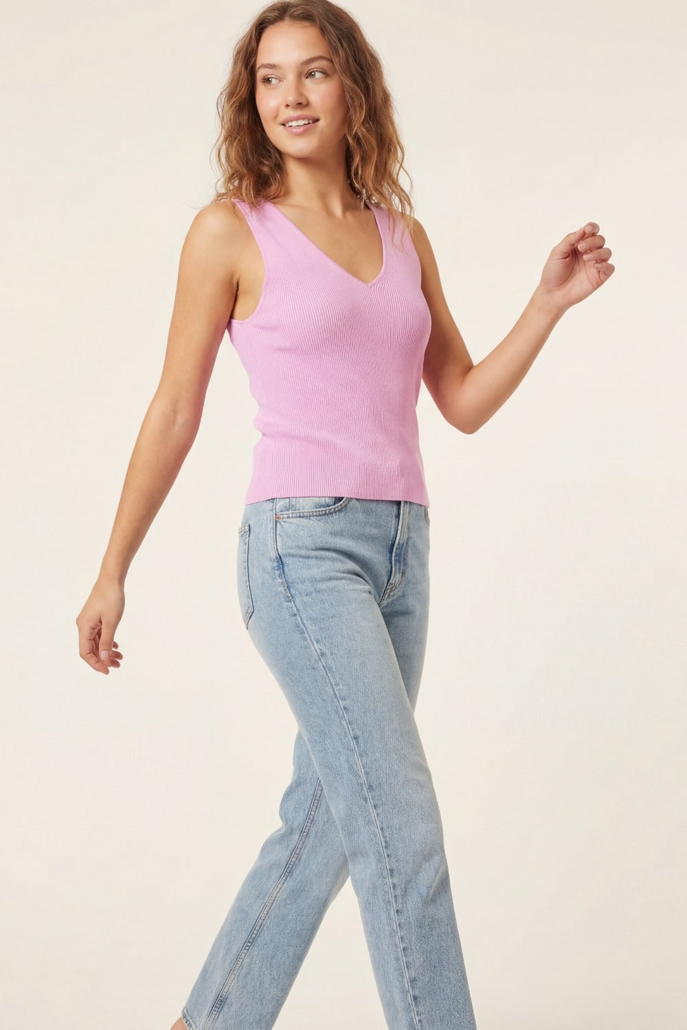 pink sleeveless fine knitted top With V-Neck
