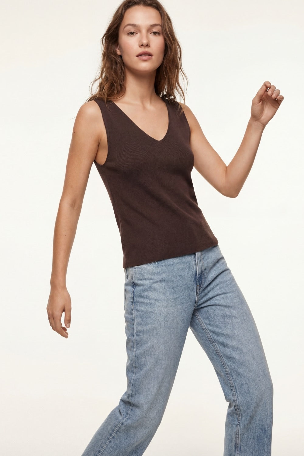 Brown V-Neck Ribbed Knit Tank Top