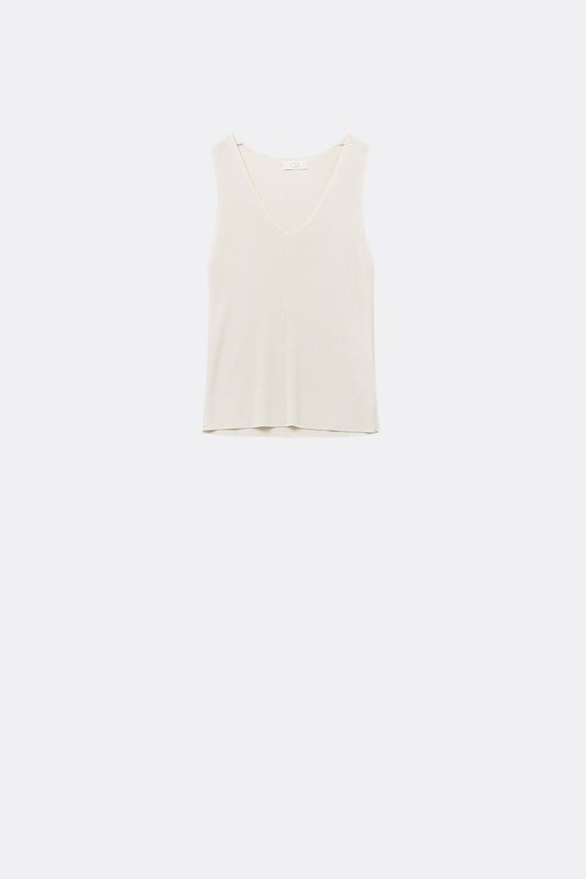 Beige sleeveless fine knitted top With V-Neck