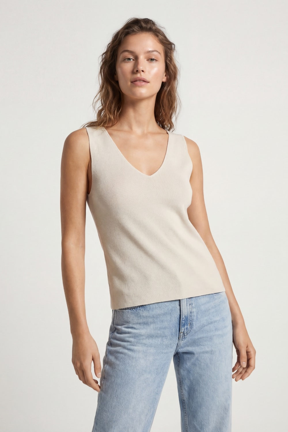 Beige sleeveless fine knitted top With V-Neck