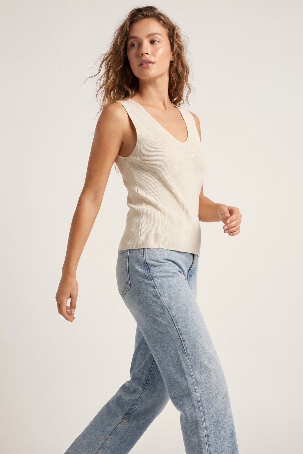 Beige sleeveless fine knitted top With V-Neck