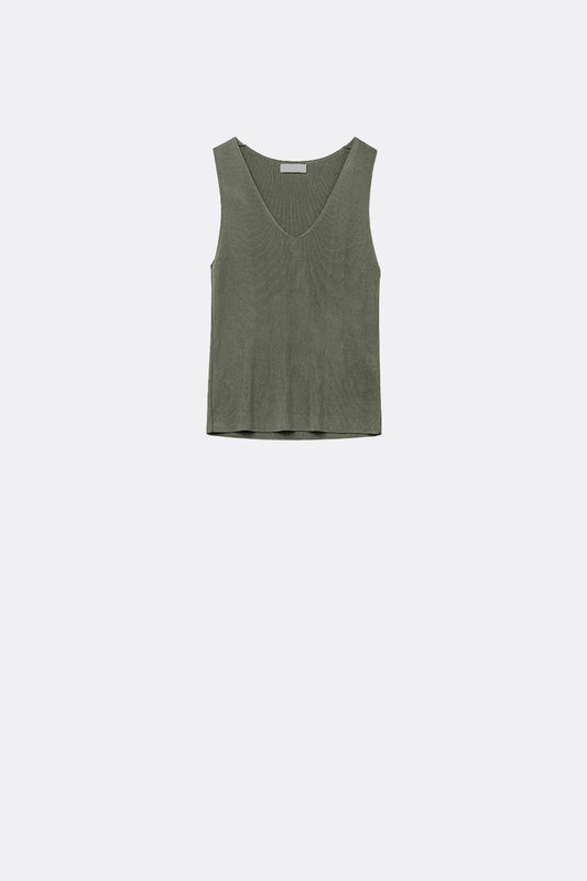 khaki sleeveless fine knitted top With V-Neck - Jumpers
