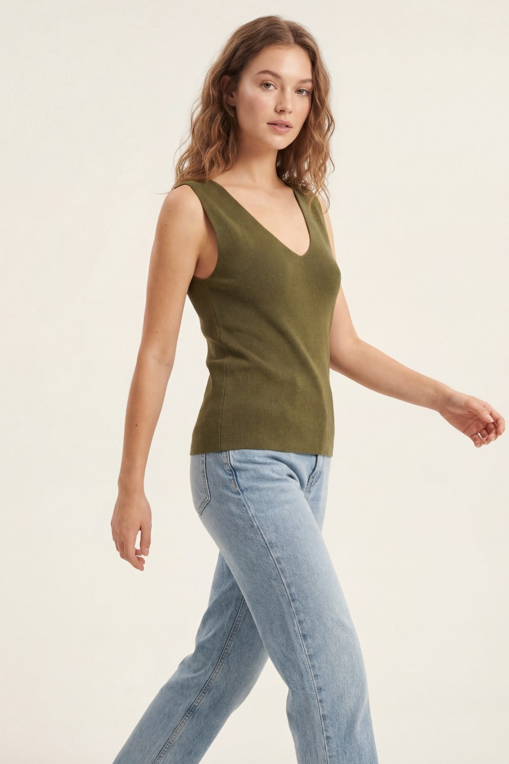 khaki sleeveless fine knitted top With V-Neck
