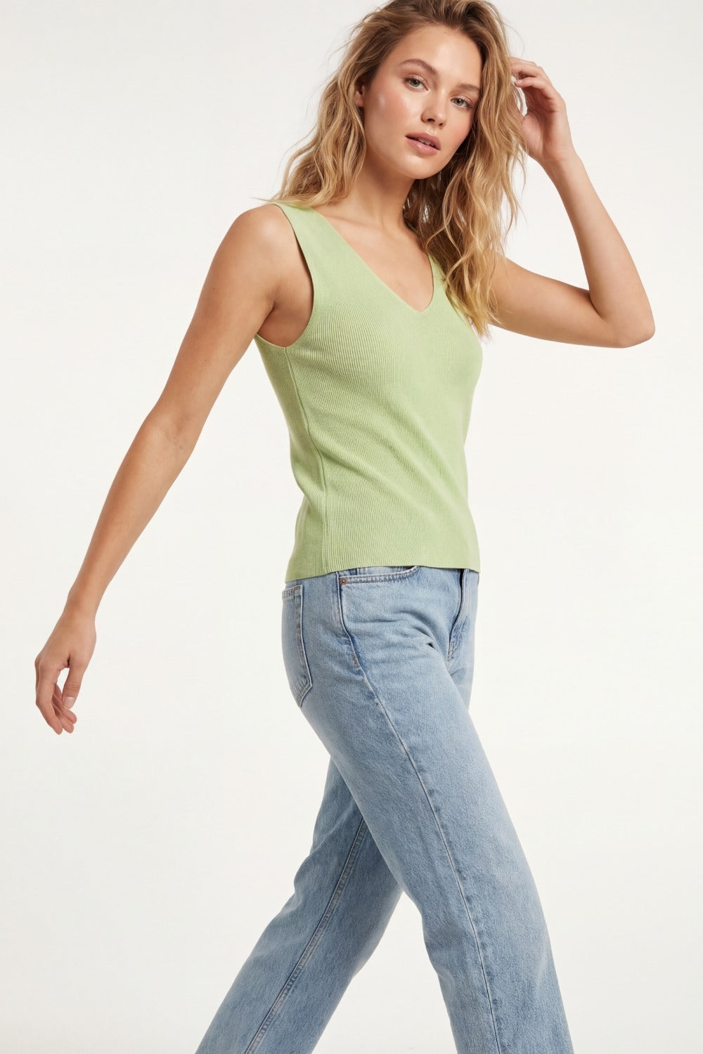 Ribbed Knit V-Neck Tank Top in mint green color