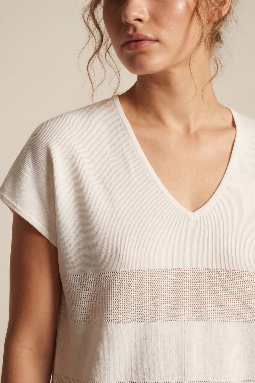 White V-neck knit sweater with open stitch detail - Jumpers