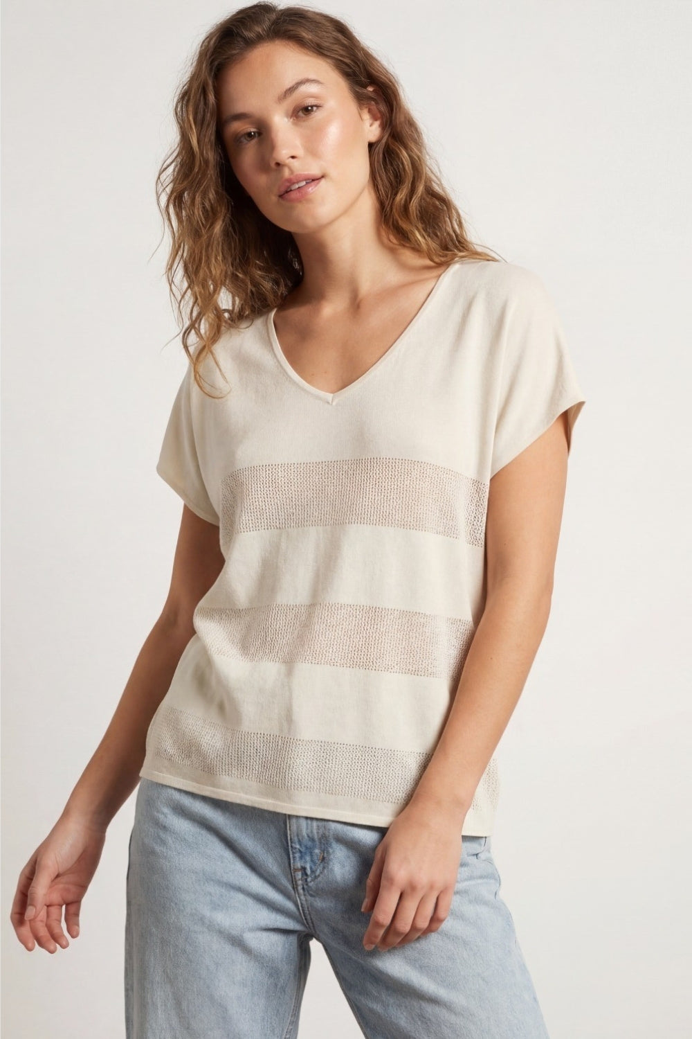 Beige V-neck knit sweater with open stitch detail - Jumpers