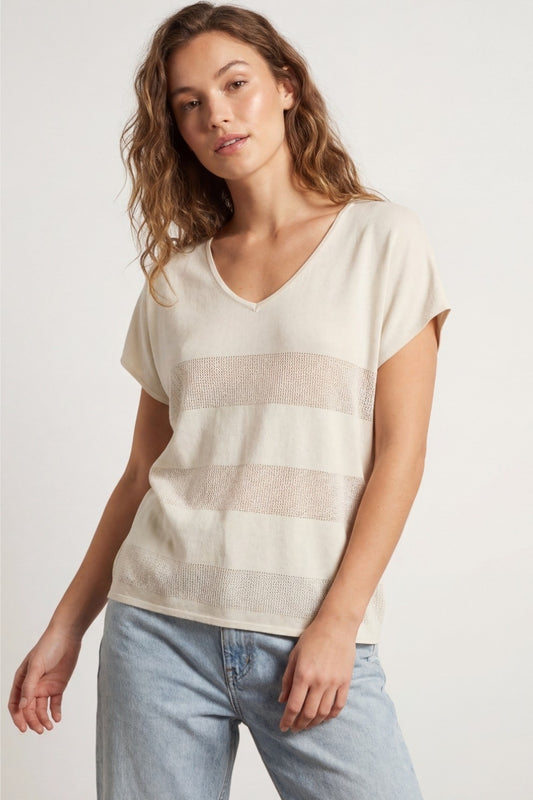 Beige V-neck knit sweater with open stitch detail - Jumpers