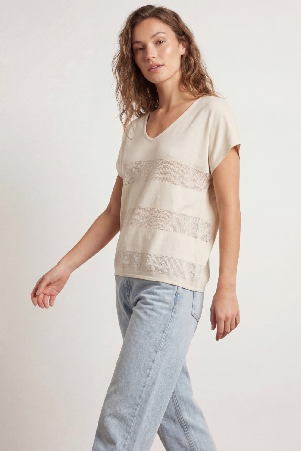 Beige V-neck knit sweater with open stitch detail - Jumpers
