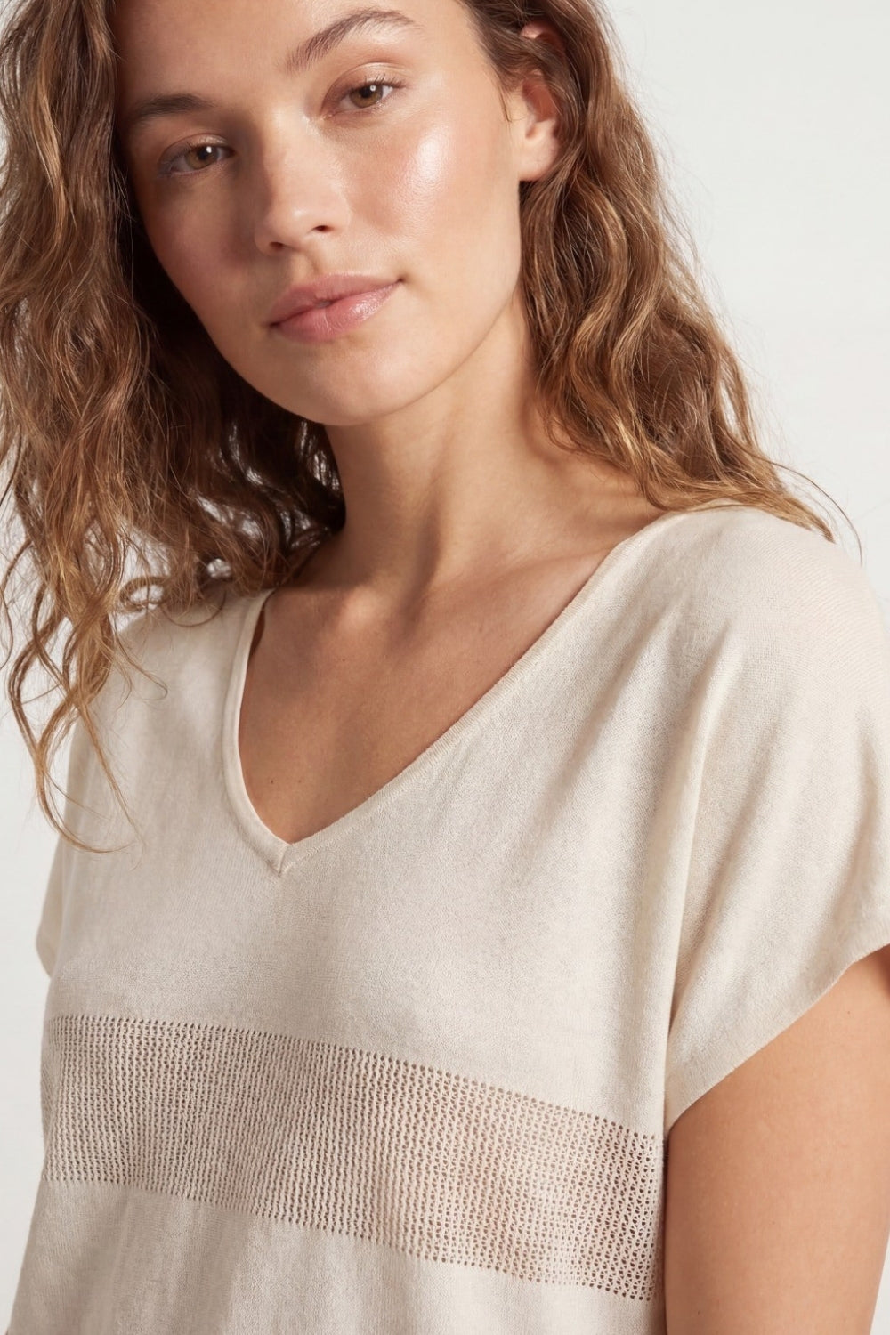 Beige V-neck knit sweater with open stitch detail - Jumpers