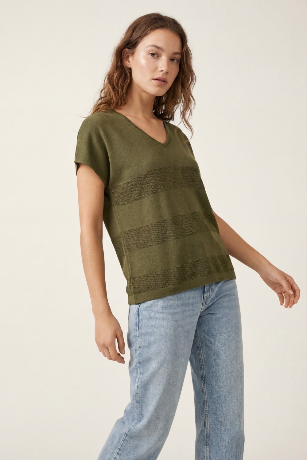 Khaki V-neck knit sweater with open stitch detail - Jumpers