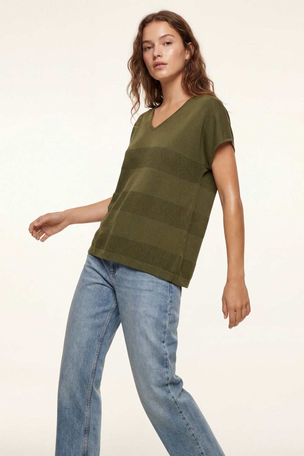 Khaki V-neck knit sweater with open stitch detail - Jumpers