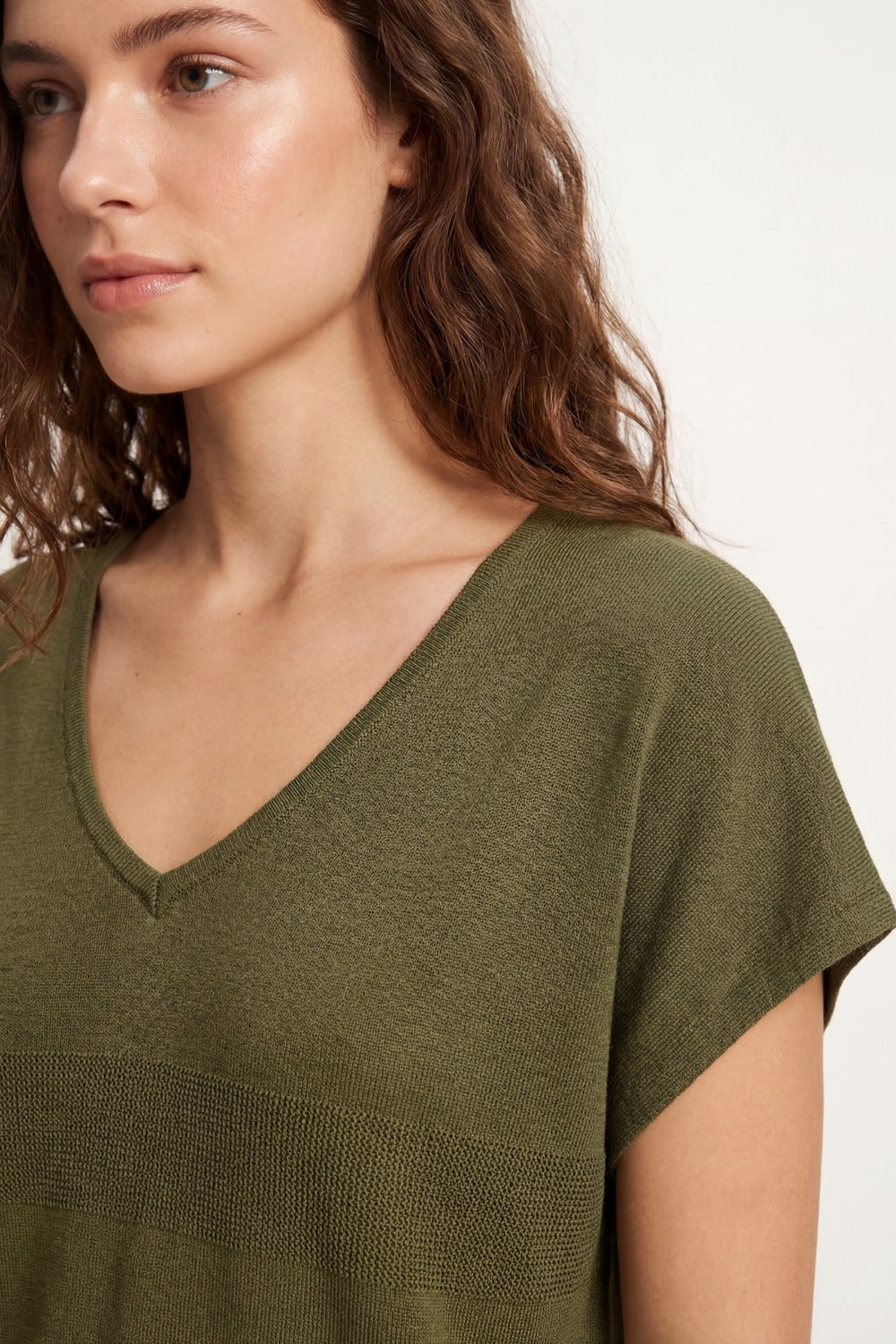 Khaki V-neck knit sweater with open stitch detail - Jumpers