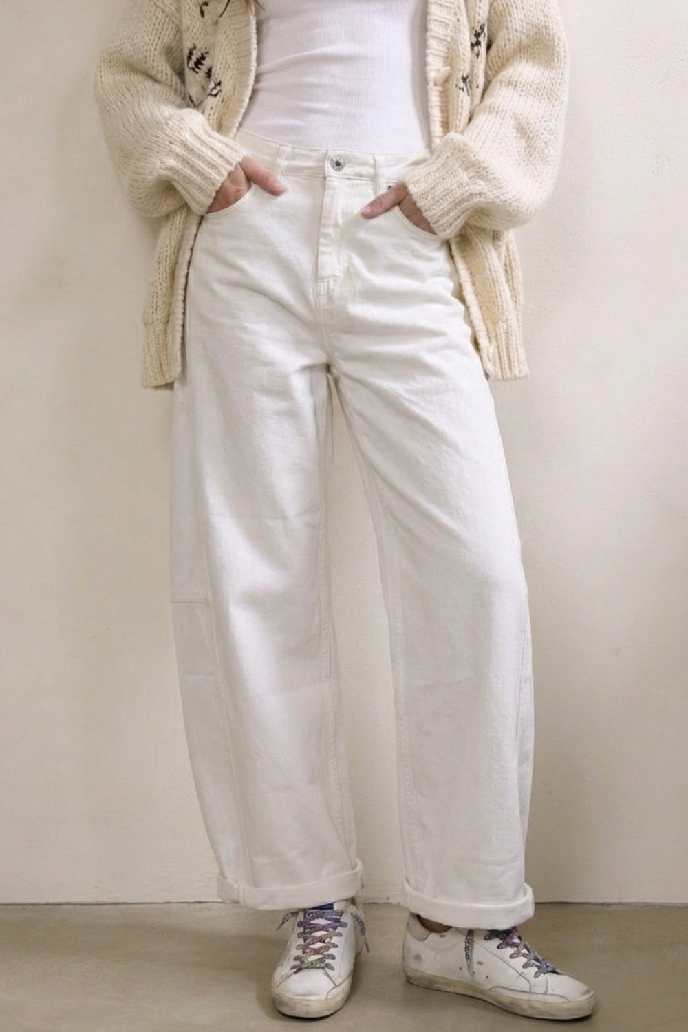 White Relaxed Fit Casual Wide-Leg Pants in Barrel Style - Coloured Jeans