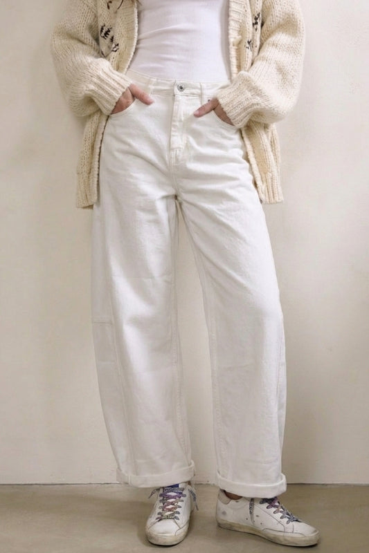 White Relaxed Fit Casual Wide-Leg Pants in Barrel Style - Coloured Jeans