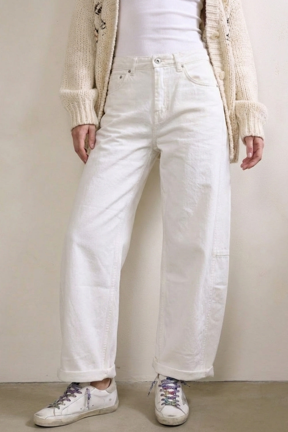 White Relaxed Fit Casual Wide-Leg Pants in Barrel Style - Coloured Jeans