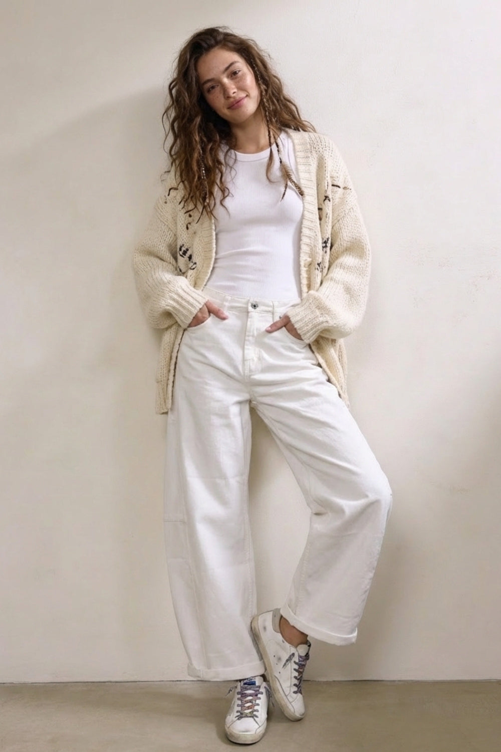 White Relaxed Fit Casual Wide-Leg Pants in Barrel Style - Coloured Jeans