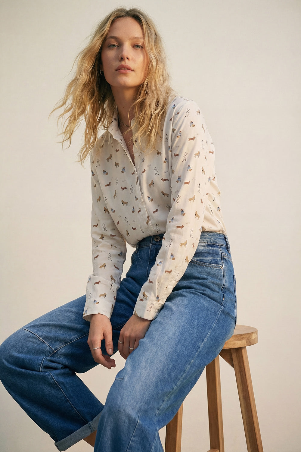 White Button-Up Shirt with Dog Print Pattern - Shirts