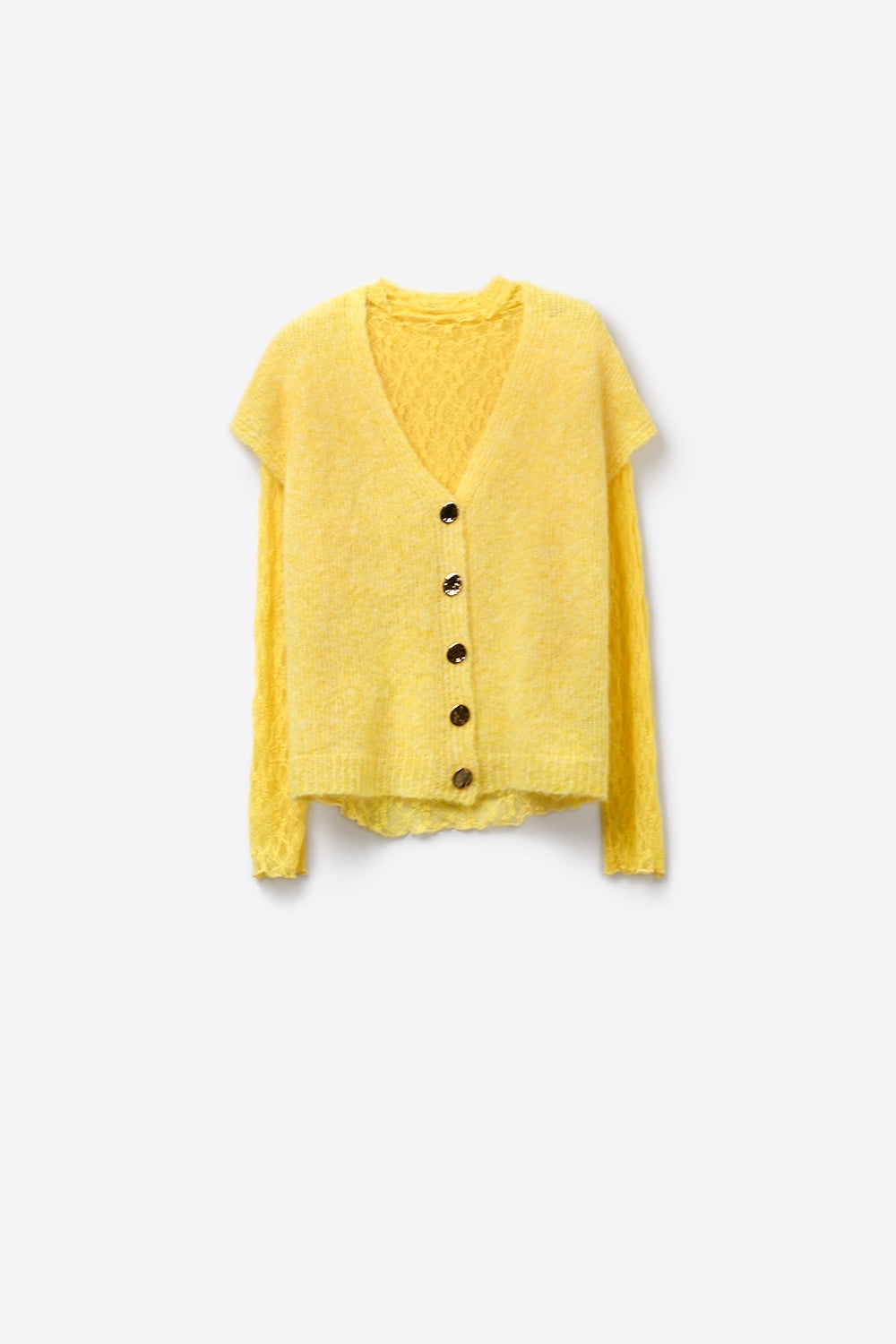 Yellow Sleeveless Cardigan with Lace Insert and Silver Buttons - cardigan