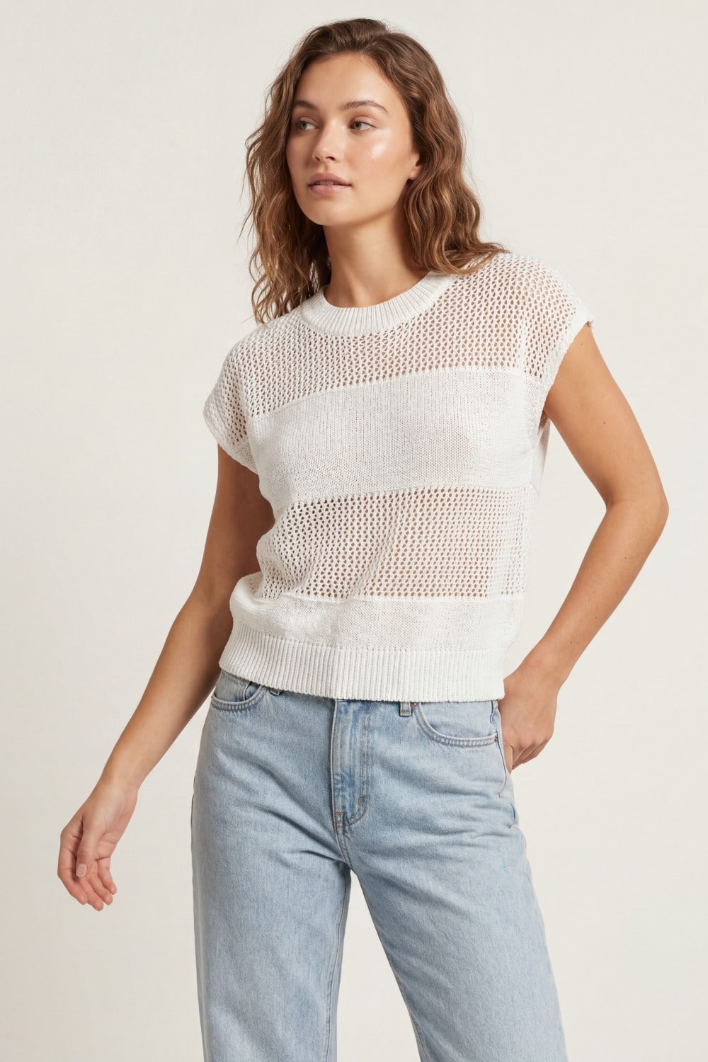 Lightweight Open-Knit Short Sleeve Sweater in white