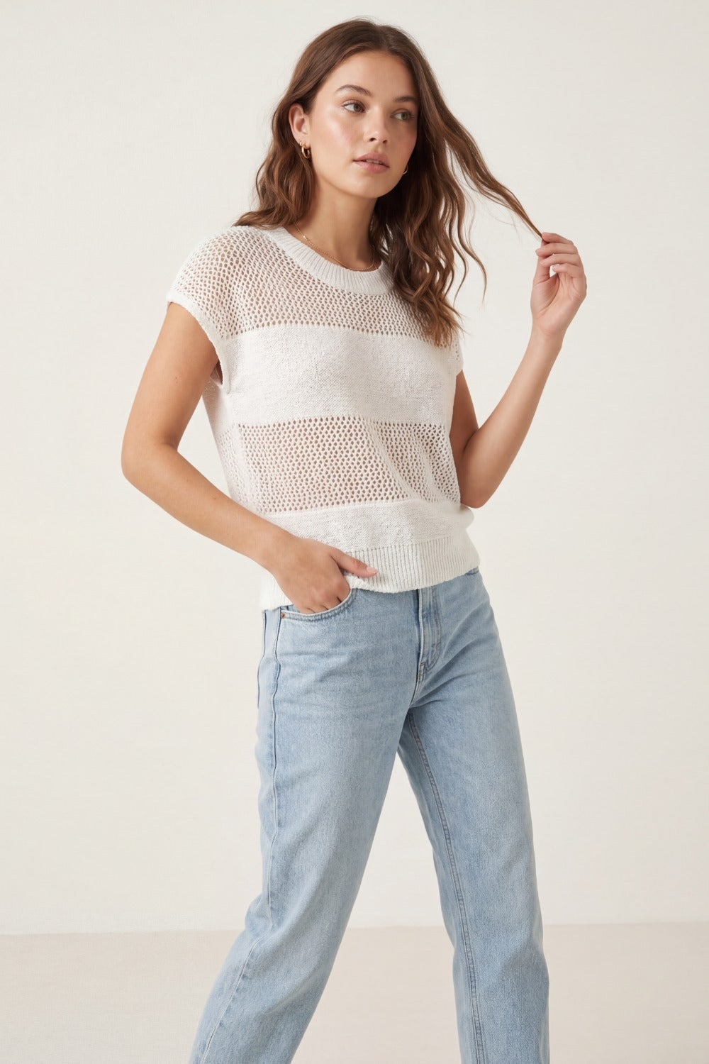 Lightweight Open-Knit Short Sleeve Sweater in white