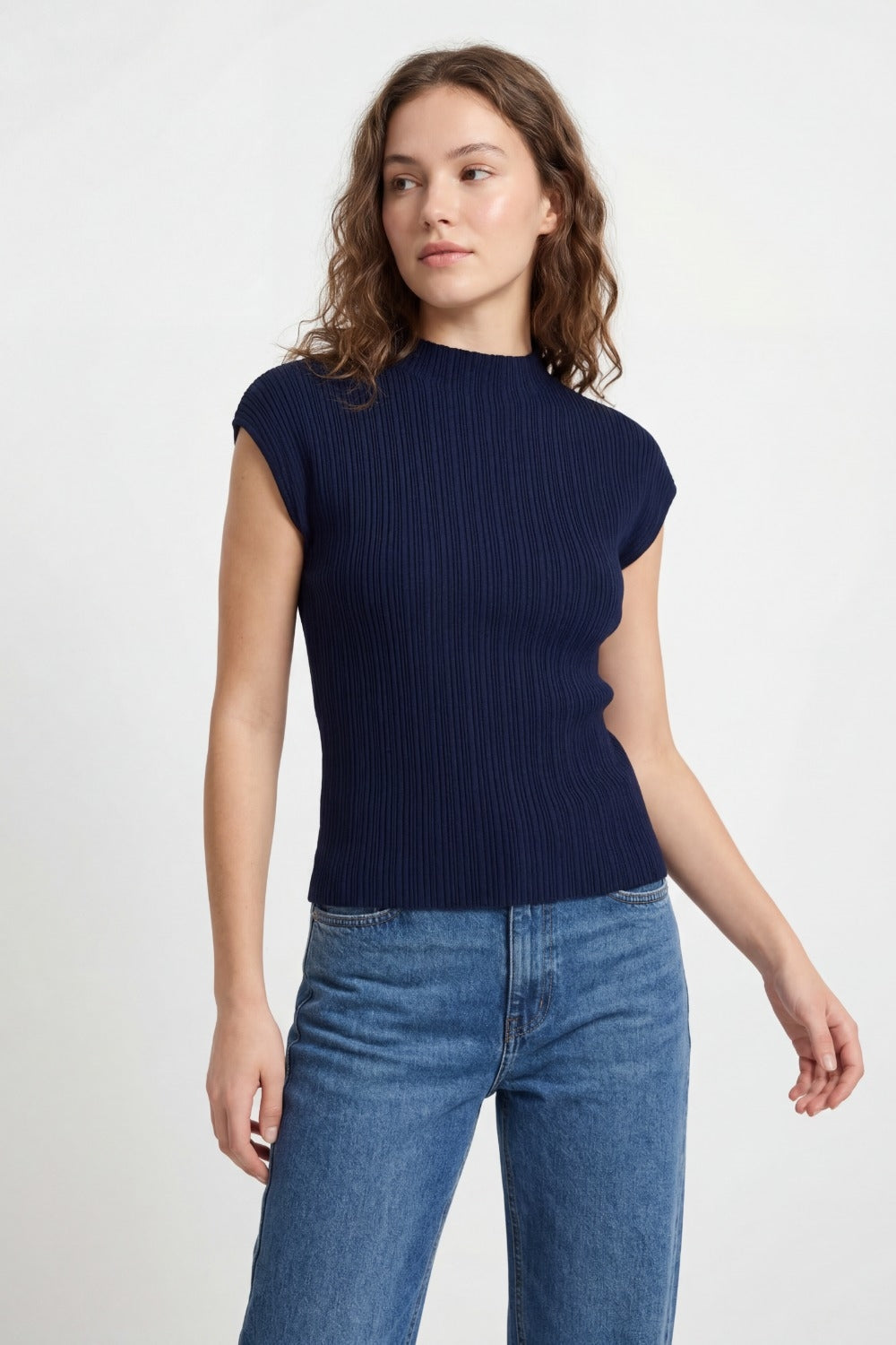 Navy Ribbed Knit Sleeveless sweater with closed neck