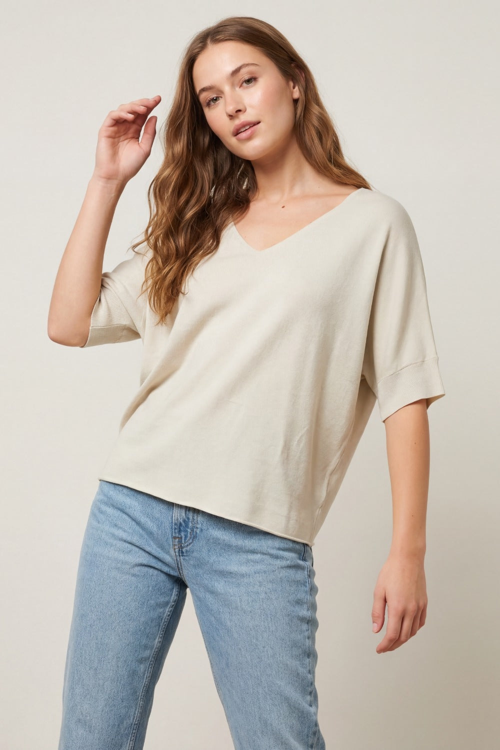 V-Neck Relaxed Fit Short Sleeve sweater in beige