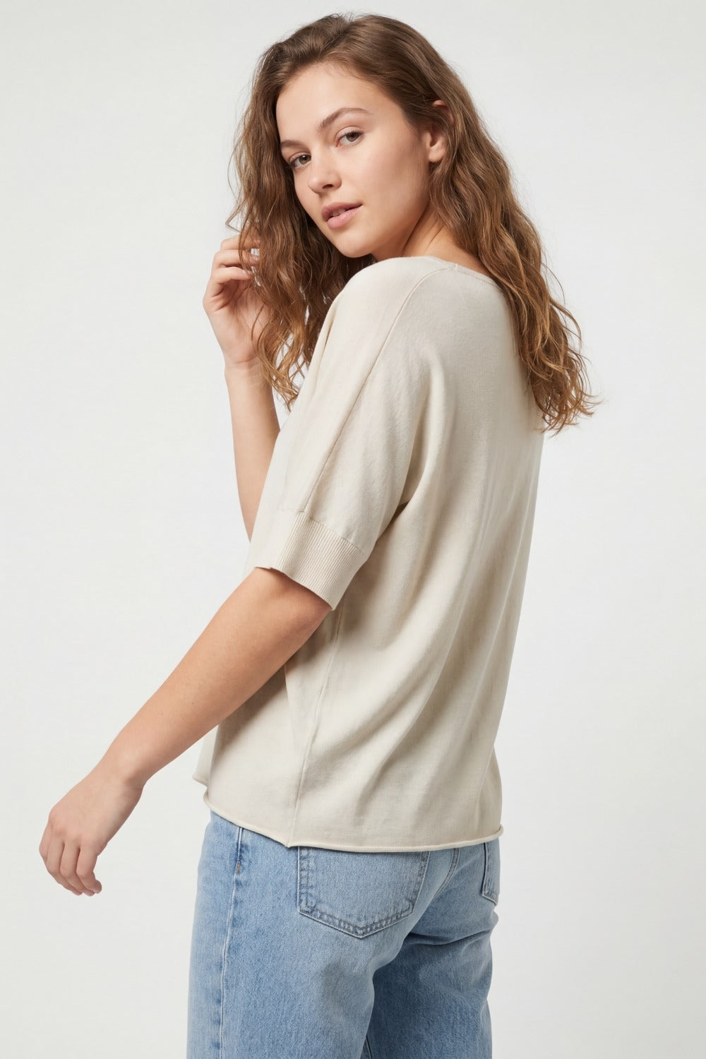 V-Neck Relaxed Fit Short Sleeve sweater in beige