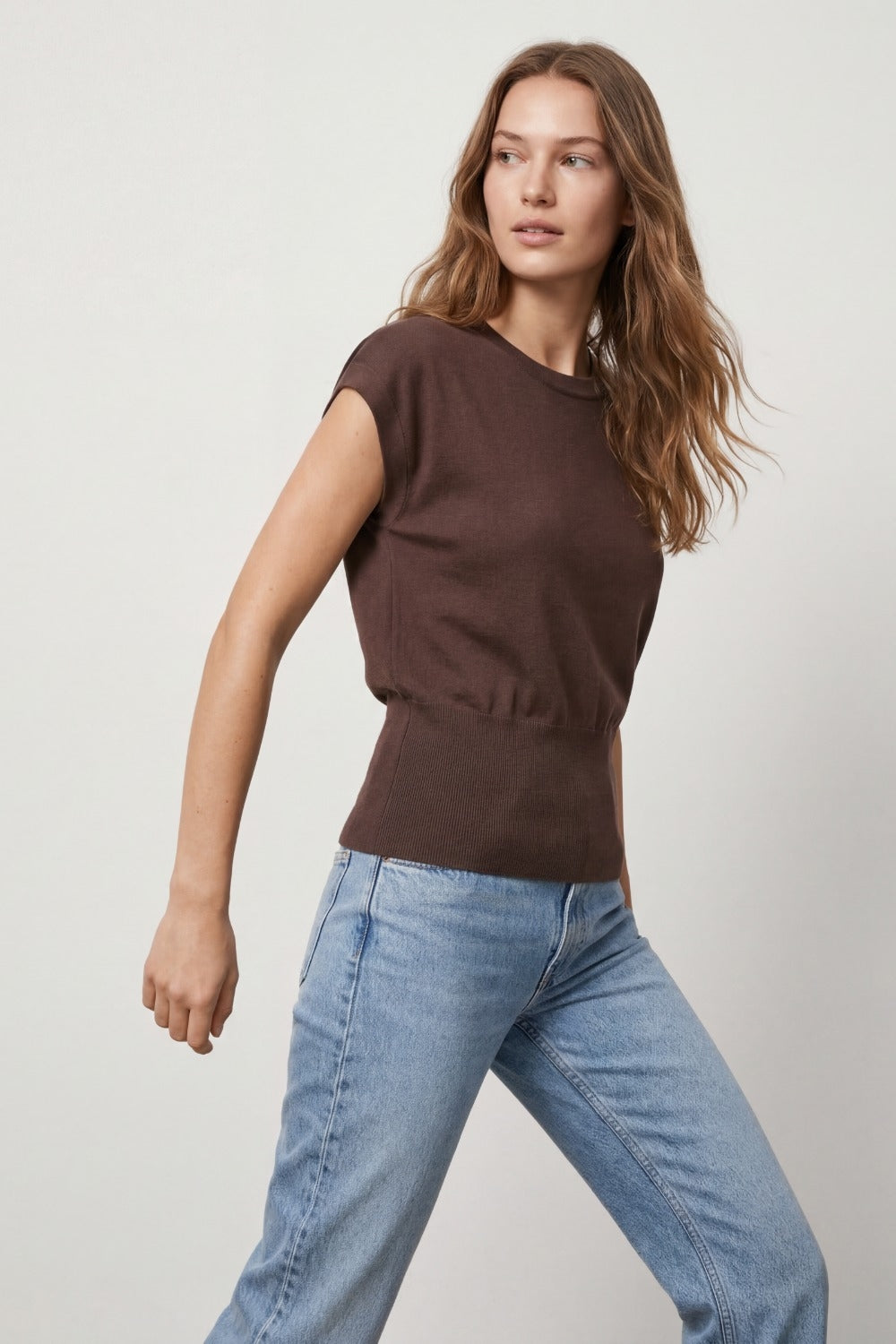 Lightweight Knit sweater with Wide Ribbed Waistband in brown - Jumpers