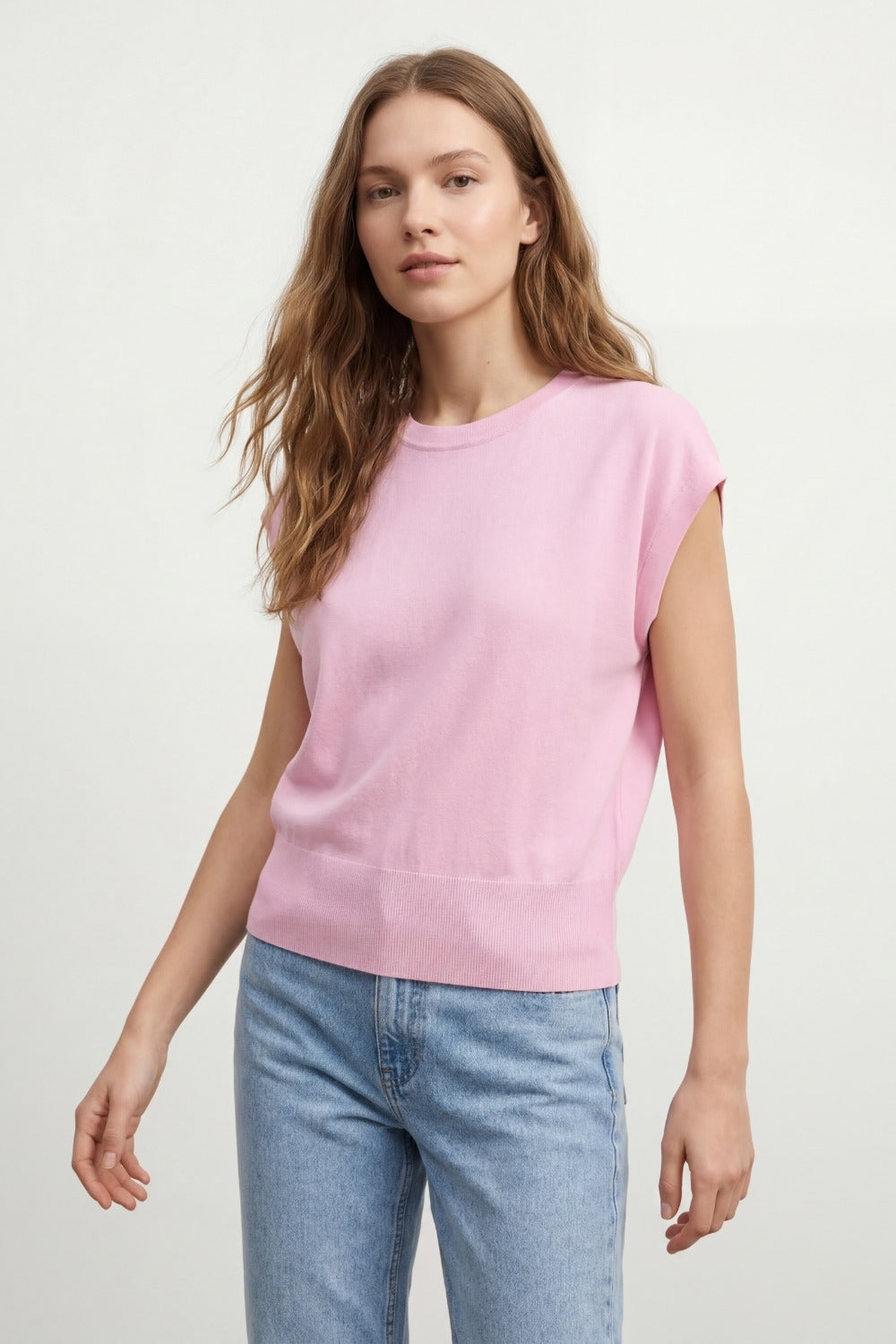 Lightweight Knit sweater with Wide Ribbed Waistband in pink - Jumpers