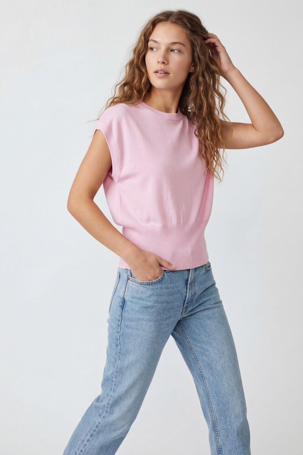 Lightweight Knit sweater with Wide Ribbed Waistband in pink - Jumpers