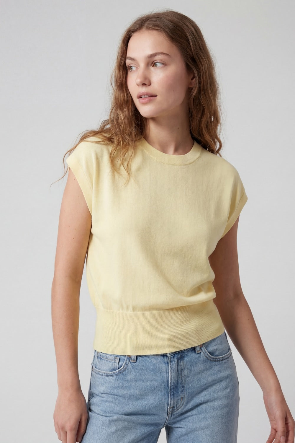 Lightweight Knit sweater with Wide Ribbed Waistband in yellow - Jumpers