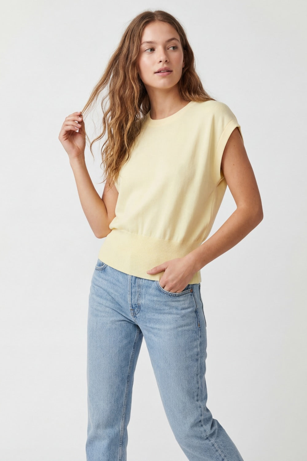 Lightweight Knit sweater with Wide Ribbed Waistband in yellow - Jumpers